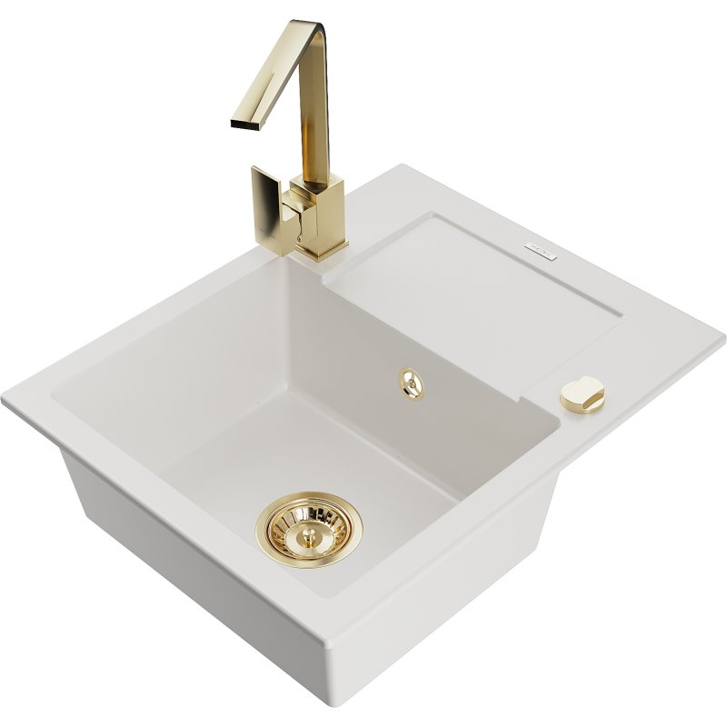 Mexen Enzo zlewozmywak granitowy 1-komorowy z ociekaczem i baterią kuchenną Rita, biały