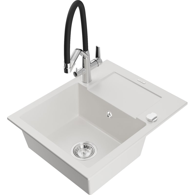 Mexen Enzo zlewozmywak granitowy 1-komorowy z ociekaczem i baterią kuchenną Duo, biały