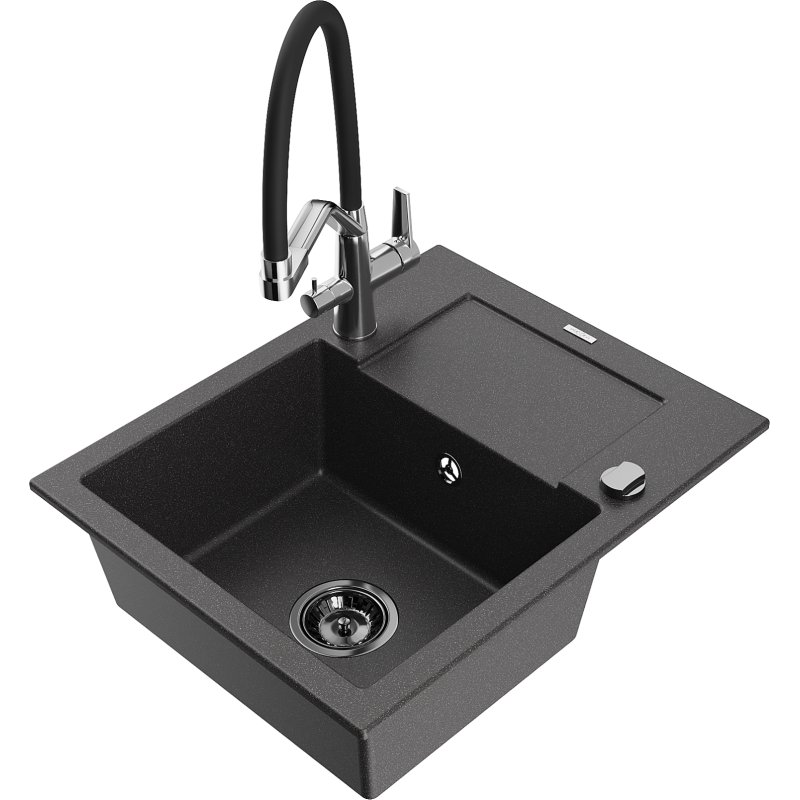 Mexen Enzo zlewozmywak granitowy 1-komorowy z ociekaczem i baterią kuchenną Duo, czarny nakrapiany