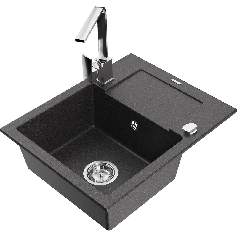 Mexen Enzo zlewozmywak granitowy 1-komorowy z ociekaczem i baterią kuchenną Rita, czarny nakrapiany