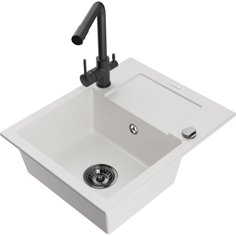 Mexen Enzo zlewozmywak granitowy 1-komorowy z ociekaczem i baterią kuchenną Duero, biały