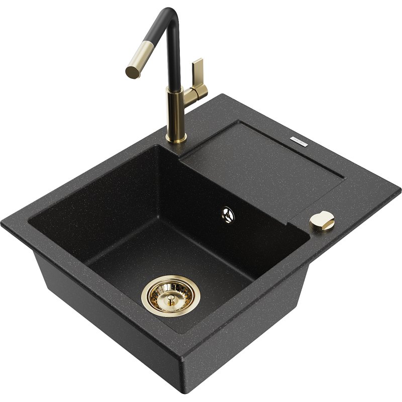 Mexen Enzo zlewozmywak granitowy 1-komorowy z ociekaczem i baterią kuchenną Flora, czarny/srebrny metalik