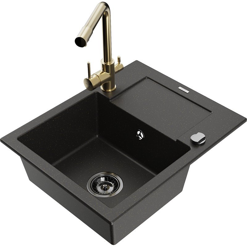 Mexen Enzo zlewozmywak granitowy 1-komorowy z ociekaczem i baterią kuchenną Duero, czarny/złoty metalik