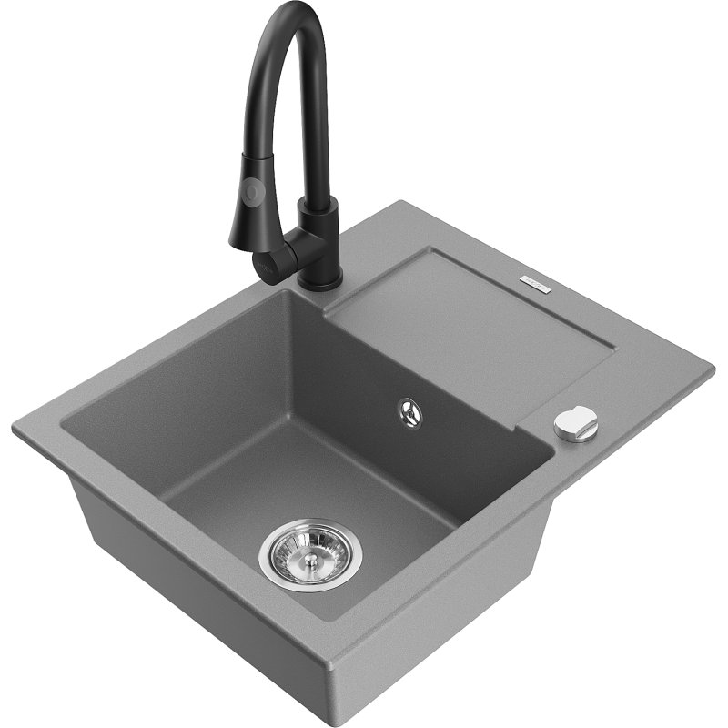 Mexen Enzo zlewozmywak granitowy 1-komorowy z ociekaczem i baterią kuchenną Elia, szary