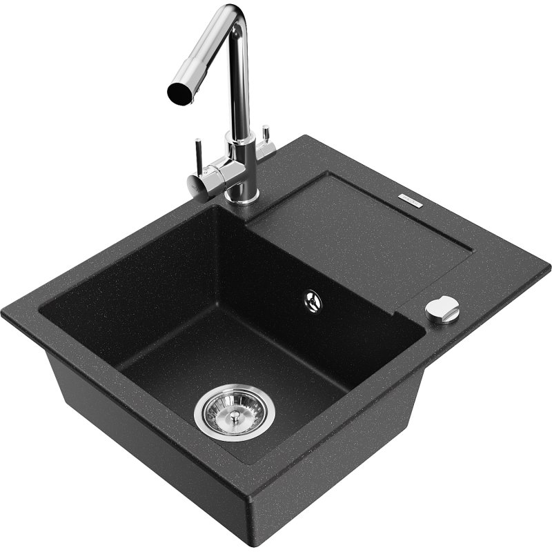 Mexen Enzo zlewozmywak granitowy 1-komorowy z ociekaczem i baterią kuchenną Duero, czarny/srebrny metalik