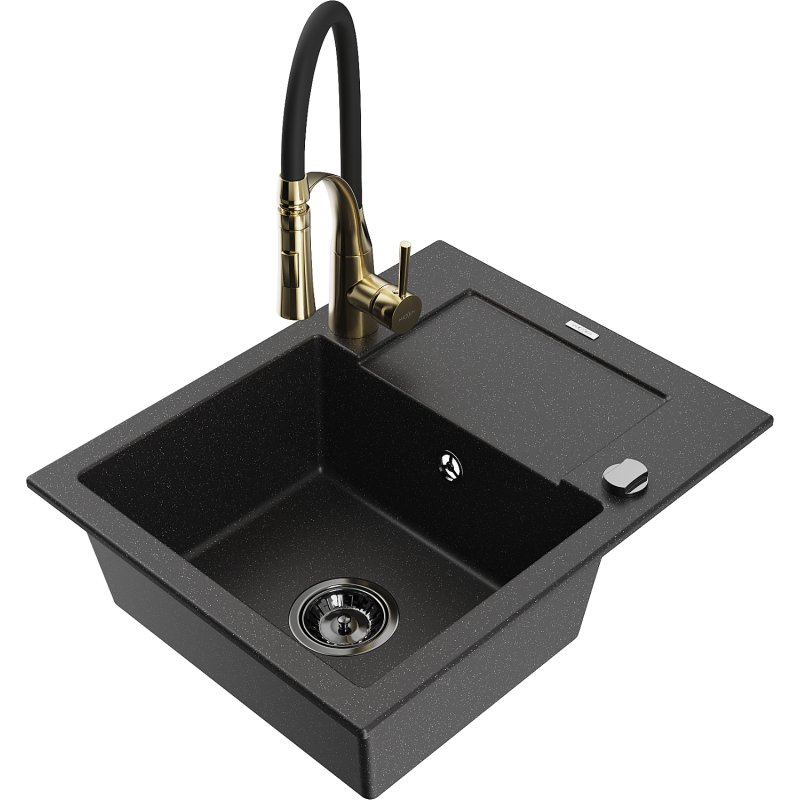 Mexen Enzo zlewozmywak granitowy 1-komorowy z ociekaczem i baterią kuchenną Aster, czarny/srebrny metalik