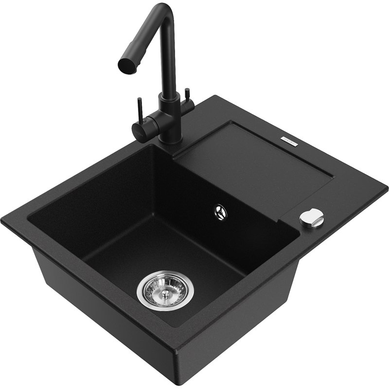 Mexen Enzo zlewozmywak granitowy 1-komorowy z ociekaczem i baterią kuchenną Duero, czarny