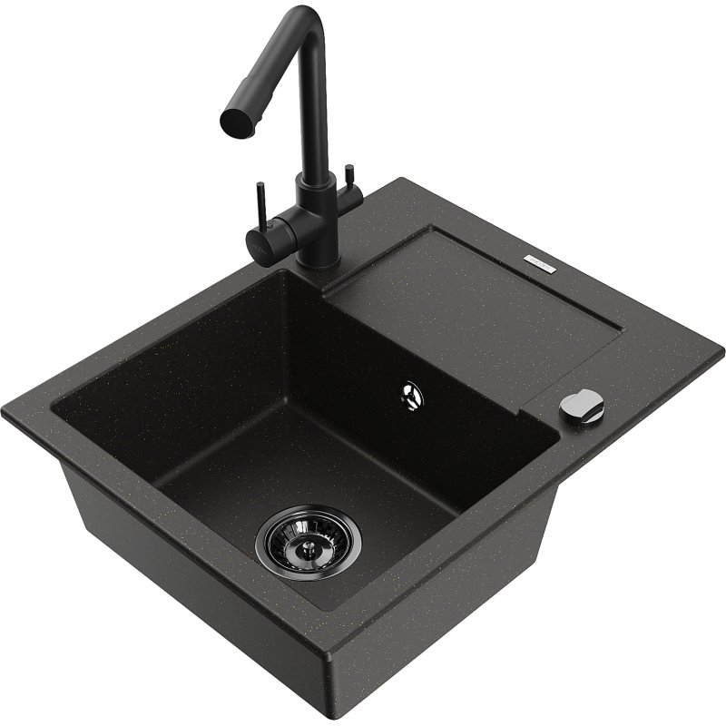 Mexen Enzo zlewozmywak granitowy 1-komorowy z ociekaczem i baterią kuchenną Duero, czarny nakrapiany