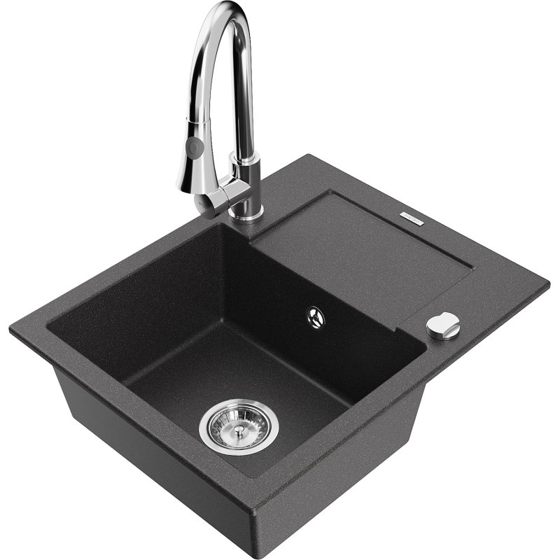 Mexen Enzo zlewozmywak granitowy 1-komorowy z ociekaczem i baterią kuchenną Elia, czarny nakrapiany