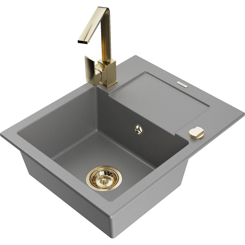 Mexen Enzo zlewozmywak granitowy 1-komorowy z ociekaczem i baterią kuchenną Rita, szary