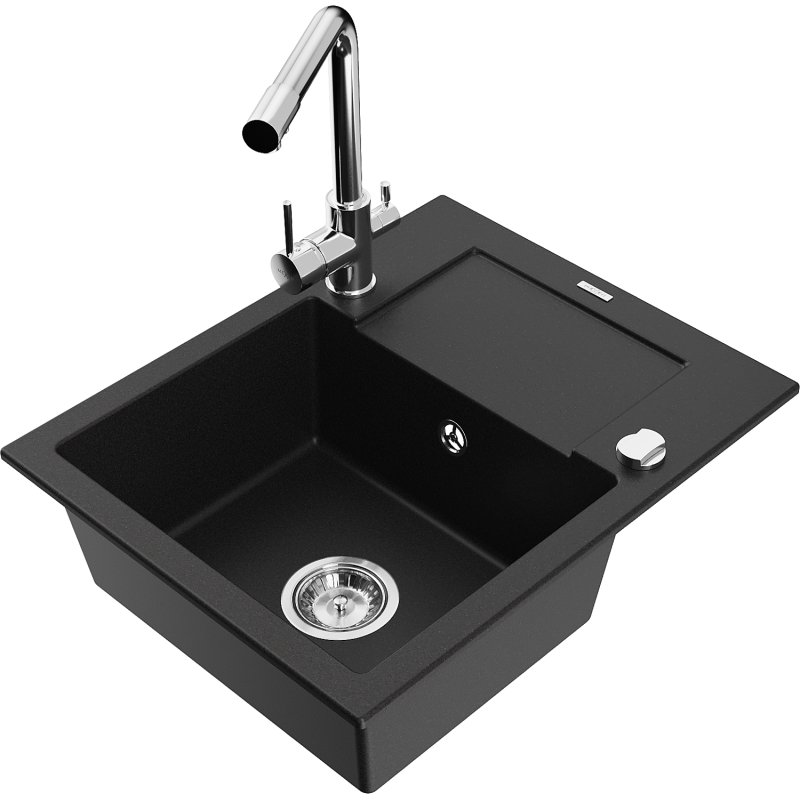 Mexen Enzo zlewozmywak granitowy 1-komorowy z ociekaczem i baterią kuchenną Duero, czarny