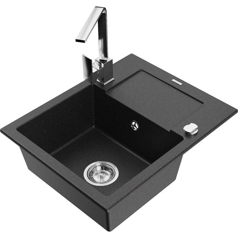 Mexen Enzo zlewozmywak granitowy 1-komorowy z ociekaczem i baterią kuchenną Rita, czarny/srebrny metalik