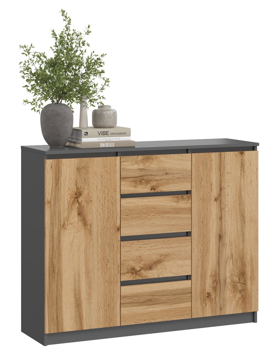 KOMODA 120CM 2 DRZWI 4 SZUFLADY ANTRACYT DĄB WOTAN