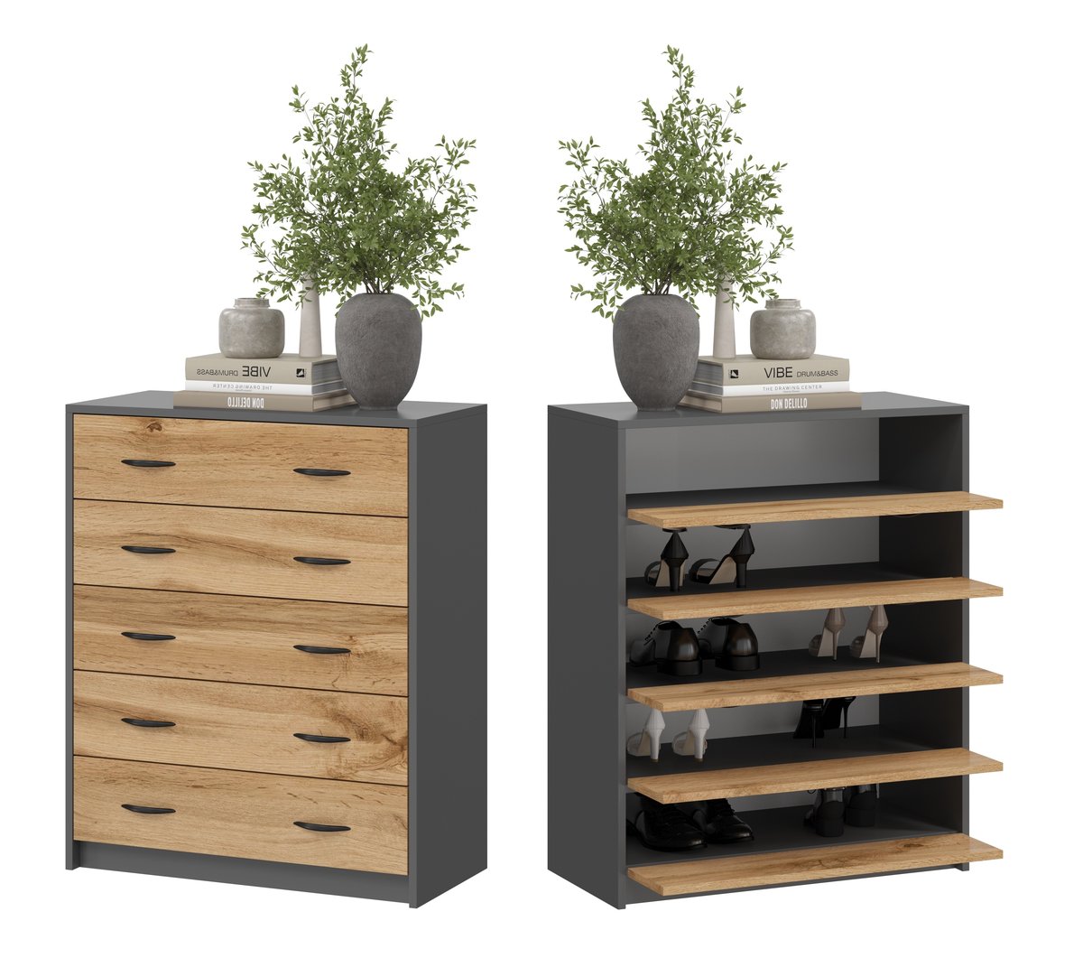 SZAFKA NA BUTY,KOMODA 5K GRAFIT, DĄB WOTAN