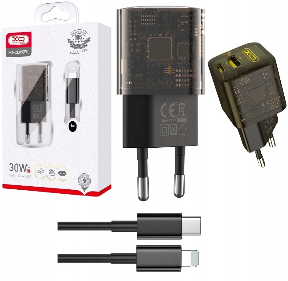 XO Clear Ładowarka sieciowa CE05 PD 30W QC 3.0 18W 1x USB 1x USB-C dymiona + kabel USB-C -Lightning