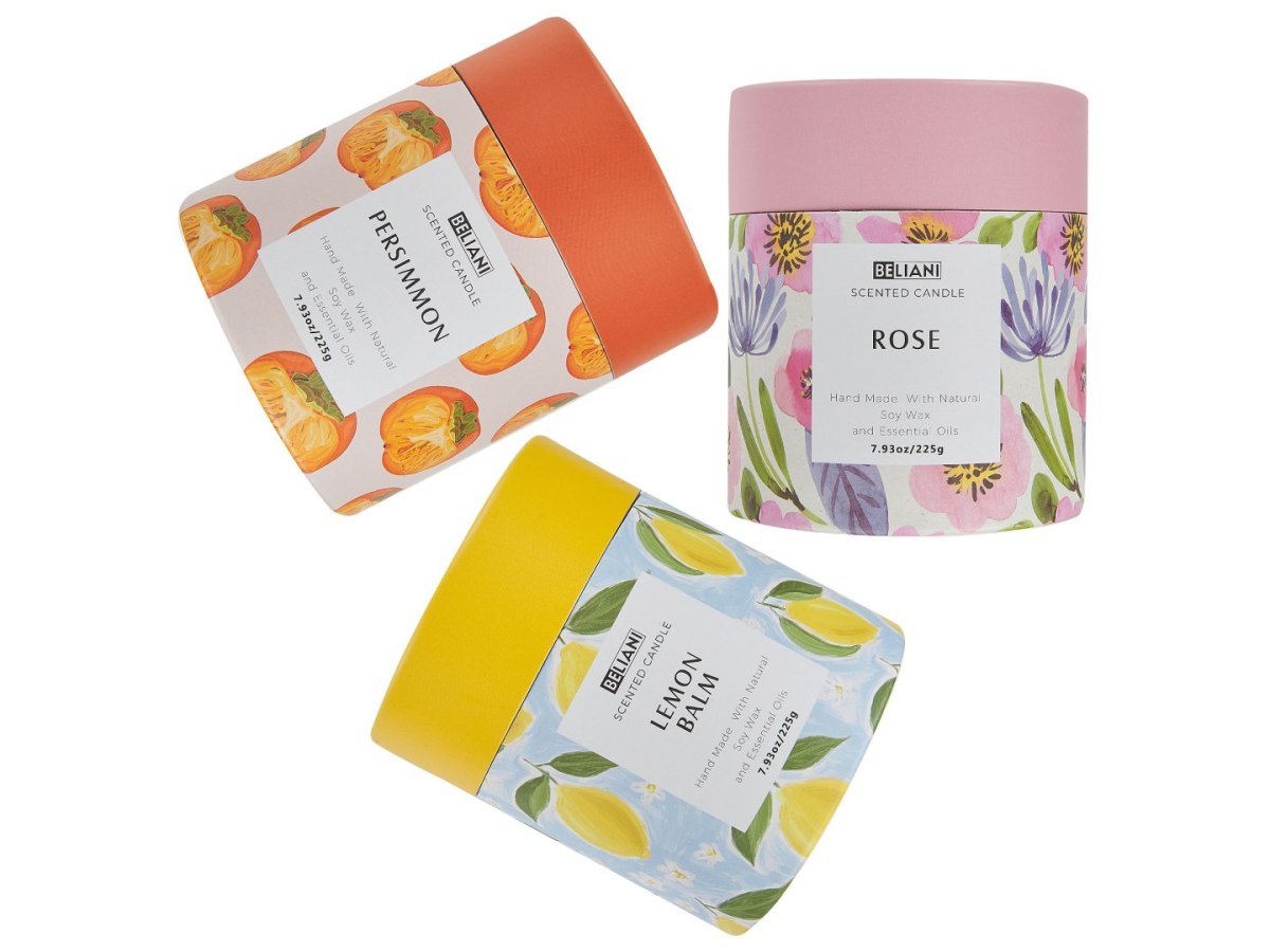 3 świeczki zapachowe sojowe róża/kaki/melisa COLORFUL BARREL
