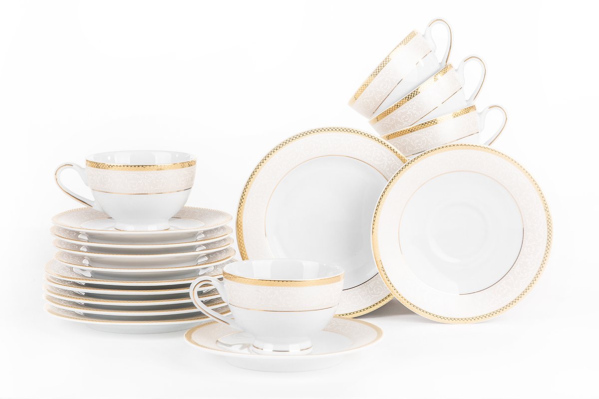 Serwis herbaciany polska porcelana 6 os. 12 elementów biały / złoty wzór MARTHA GOLD Konsimo