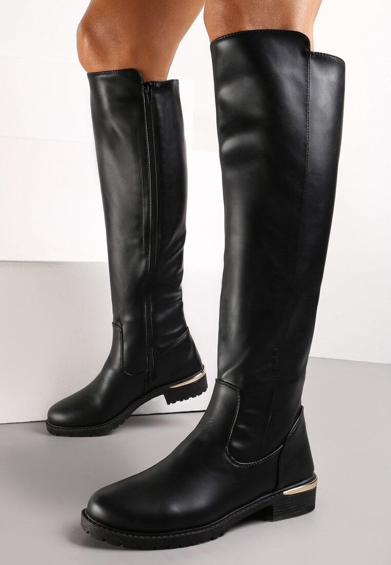 Czarne Kozaki Muszkieterki na Ozdobnym Kwadratowym Obcasie Lewan