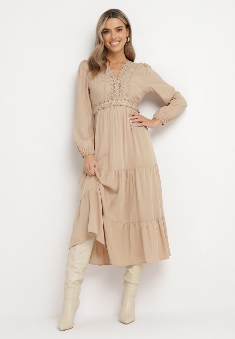 Beżowa Rozkloszowana Sukienka z Koronką Brightyn