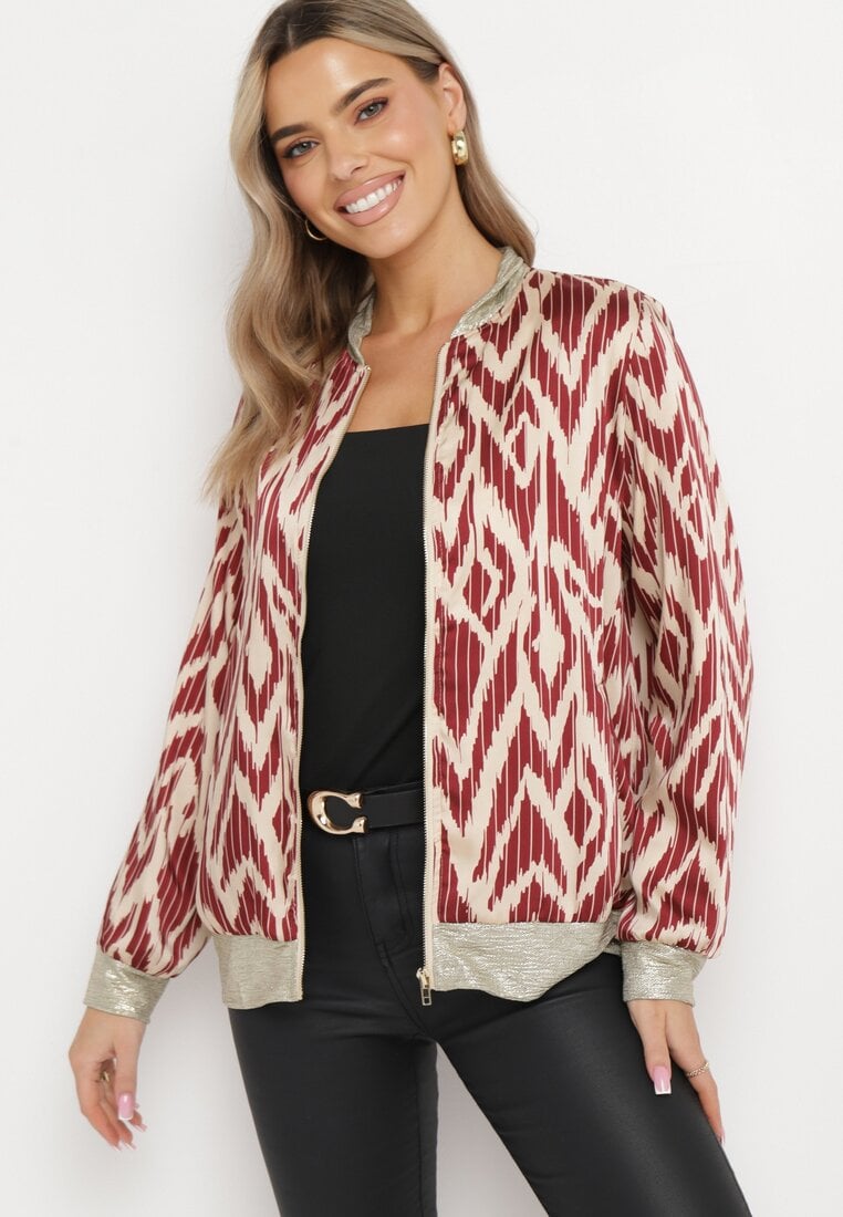 Bordowa Bluza w Stylu Bomberki o Połyskującym Wykończeniu Sivalu