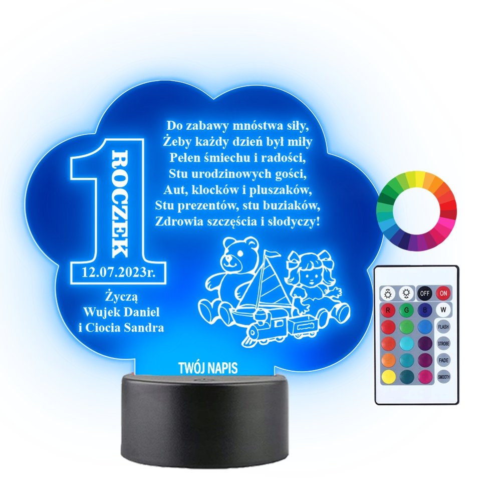 Lampka Nocna 3D LED Urodziny Roczek Miś Prezent