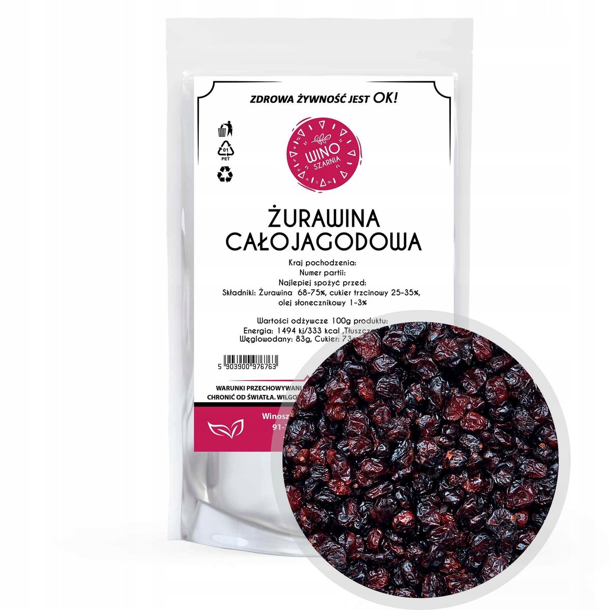 Żurawina suszona cała - 500g całojagodowa