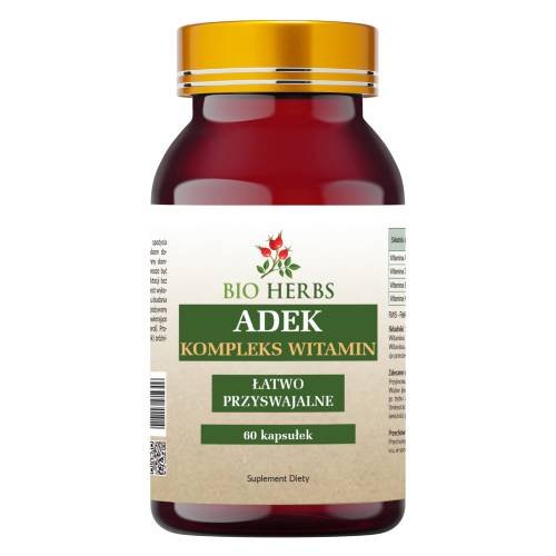 Bio Herbs, Adek Kompleks Witamin A D3 E K2 Mk-7 2000iu, Duża Dawka, 60 Kaps.