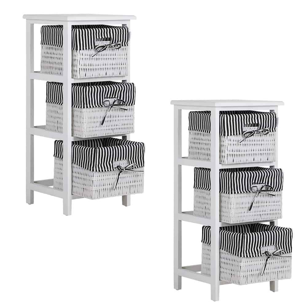 Regał Łazienkowy 2szt. Rattan Drewno 3 Kosze Biały Czarny