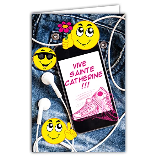 Afie 67-1076-A Różowa Żywa karta Święta Catherine 25 listopada dla młodej dziewczyny Nastoletniej Smileys Żółte emotikony Telefon komórkowy Muzyka Trampki Jeansy - z białą kopertą