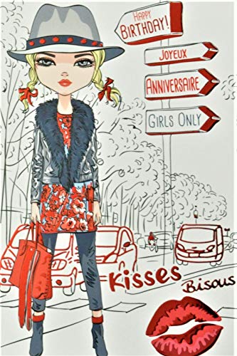 Hapy Birthday Card Red Dziewczyna Nastolatka Młoda Kobieta Modna Miasto Bisous Etui: Kapelusz Made in France