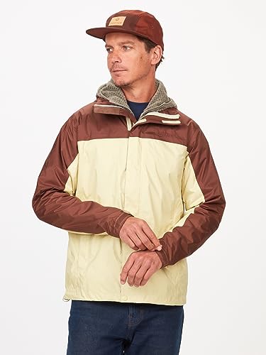Marmot Meżczyzni PreCip Eco Jacket, Wodoodporna kurtka przeciwdeszczowa, oddychający płaszcz przeciwdeszczowy z kapturem, lekka wiatrówka hardshell na wędrówki, Wheat/Pinecone, L