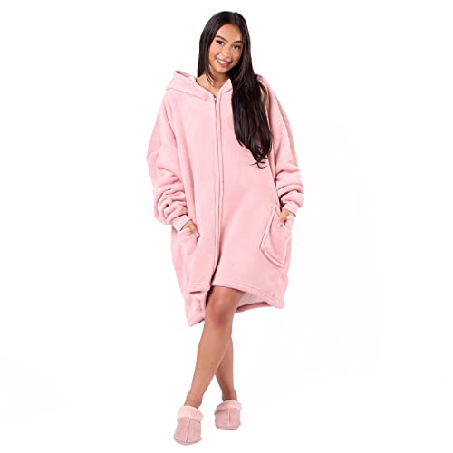 Sienna Rozpinany koc oversize bluza z kapturem koc do noszenia kobiety mężczyźni z kapturem przytulny ciepły kardigan z polaru sherpa, jeden rozmiar - różowy