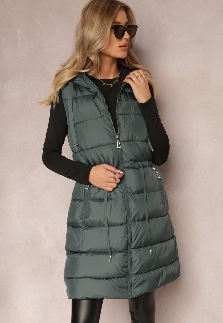 Ciemnozielona Pikowana Kamizelka Dwustronna z Troczkiem w Pasie o Wydłużonym Fasonie Selinorda