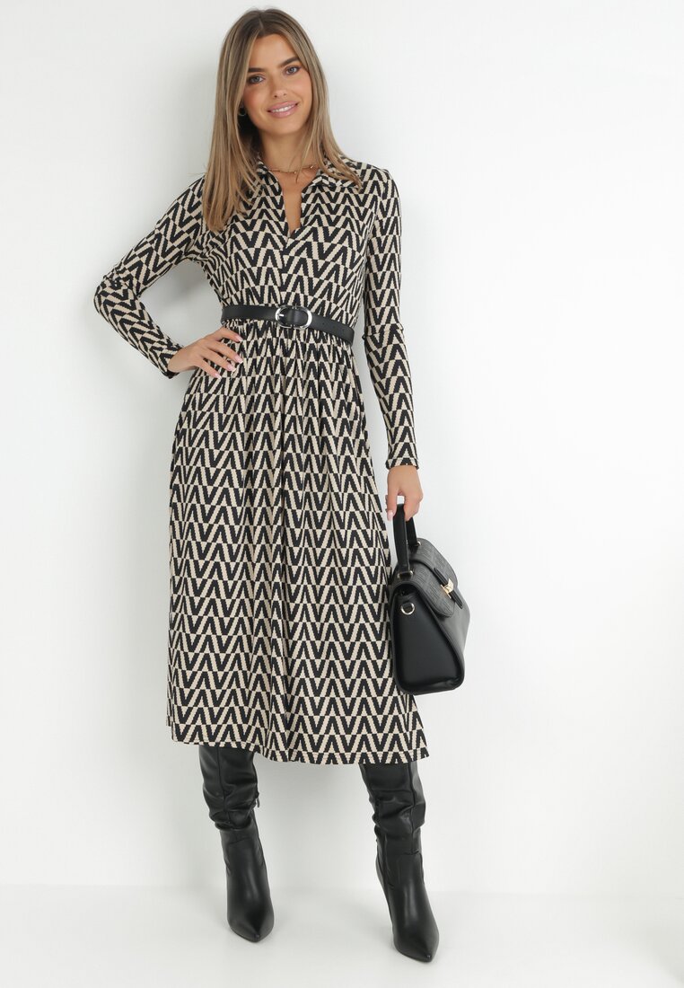 Beżowo-Czarna Sukienka w Tygrysie Paski Chalmo