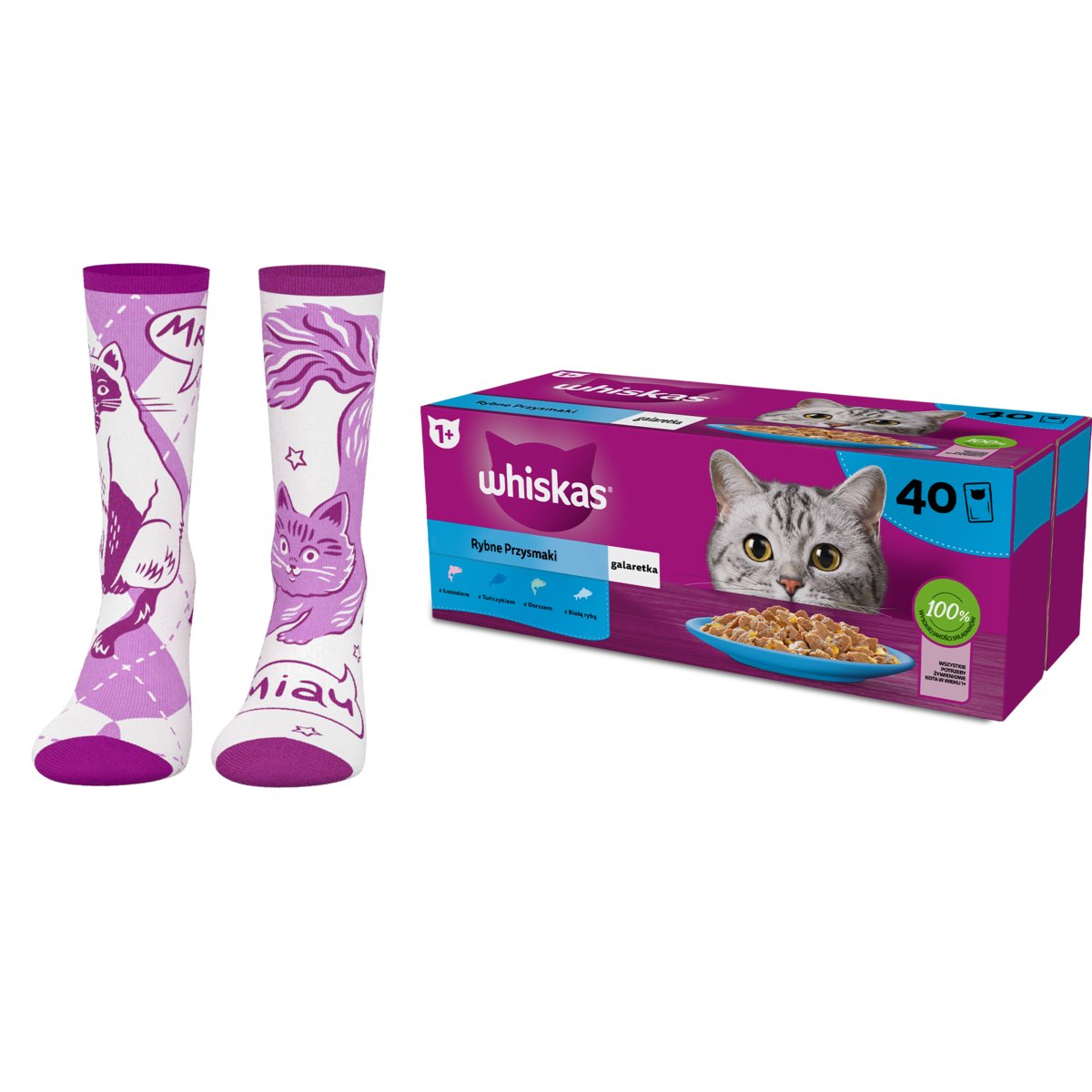 Zestaw, WHISKAS Adult Rybne przysmaki w galaretce 40x85g + skarpetki