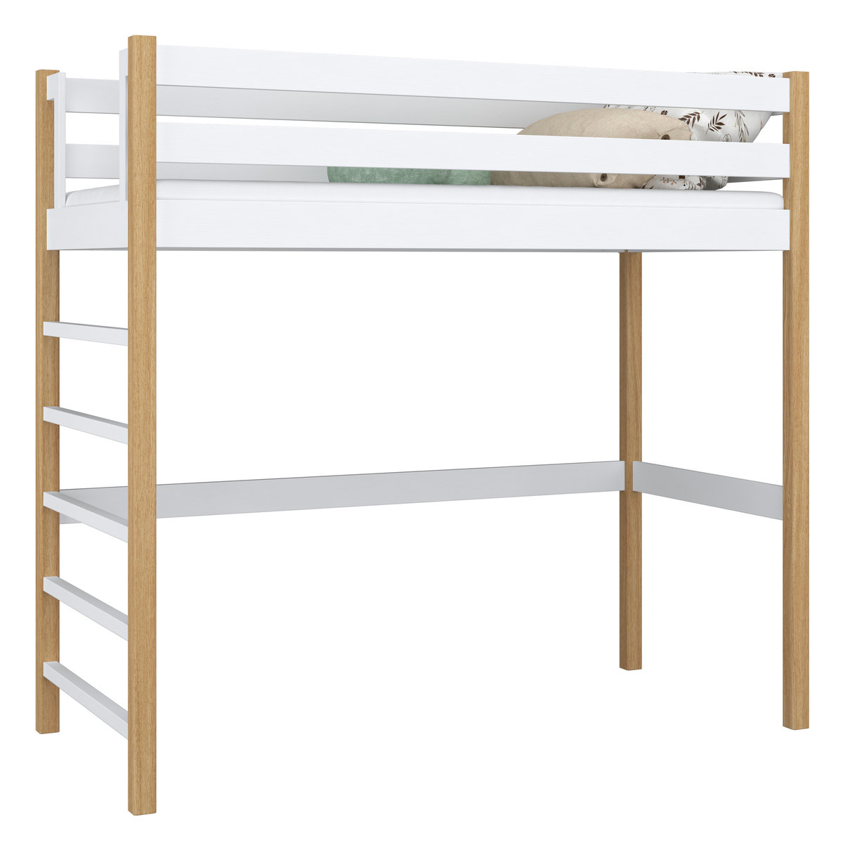 Drewniane łóżko na antresoli N01 biało dębowe 80x180