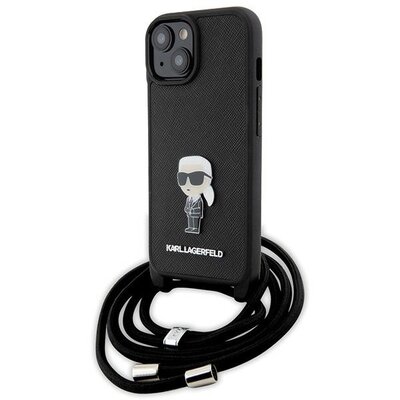 Karl Lagerfeld Etui iPhone 15 6.1 Crossbody Saffiano Monogram Metal Pin Czarny KLHCP15SSASKNPSK