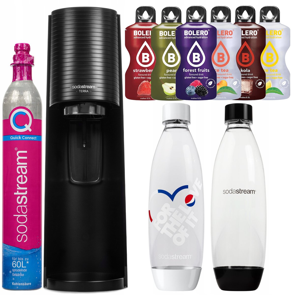 Saturator SodaStream Terra Black jedna butelka + butelka Fuse Biała Pepsi (dek) + Bolero