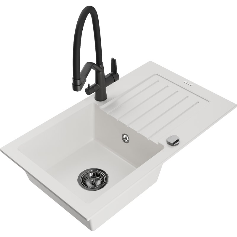 Mexen Pablo zlewozmywak granitowy 1-komorowy z ociekaczem i baterią kuchenną Duo, biały