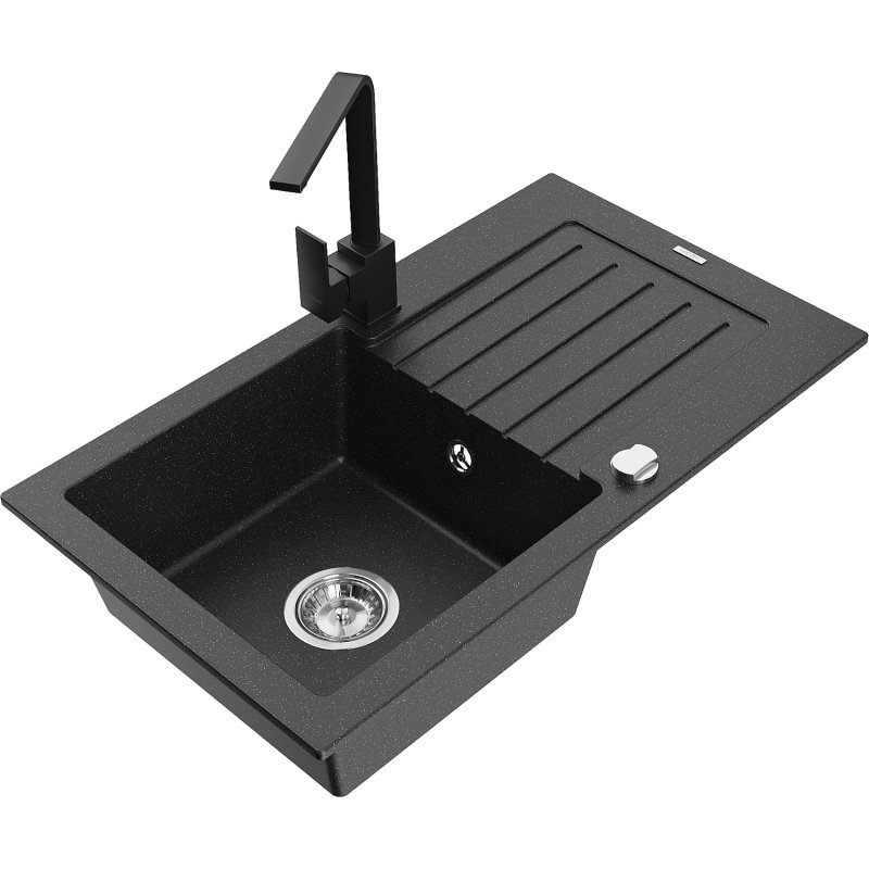 Mexen Pablo zlewozmywak granitowy 1-komorowy z ociekaczem i baterią kuchenną Rita, czarny/srebrny metalik