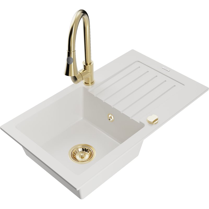 Mexen Pablo zlewozmywak granitowy 1-komorowy z ociekaczem i baterią kuchenną Elia, biały