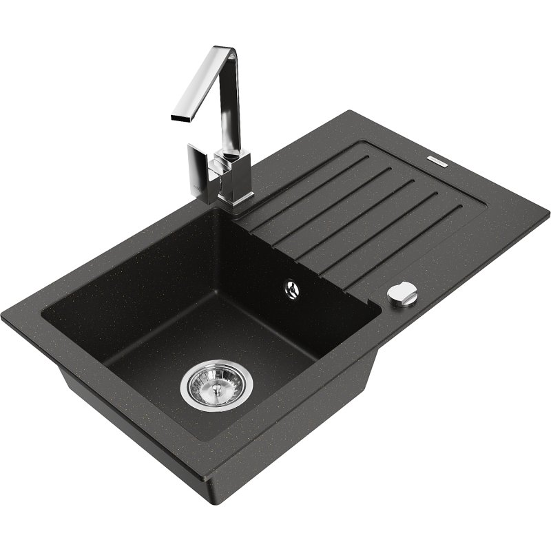 Mexen Pablo zlewozmywak granitowy 1-komorowy z ociekaczem i baterią kuchenną Rita, czarny/złoty metalik