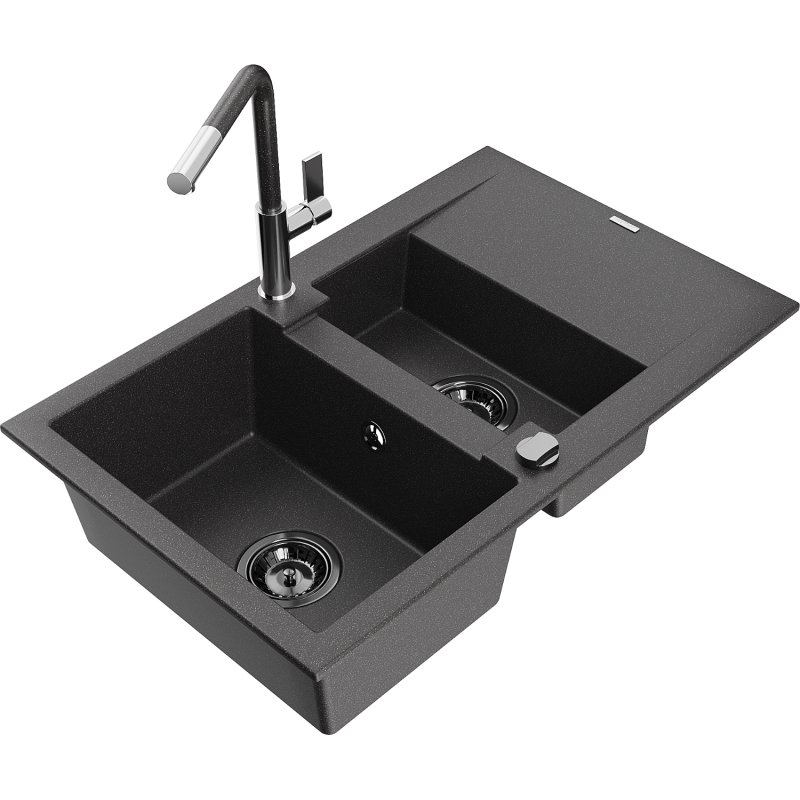 Mexen Gaspar zlewozmywak granitowy 1,5-komorowy z ociekaczem i baterią kuchenną Flora, czarny nakrapiany