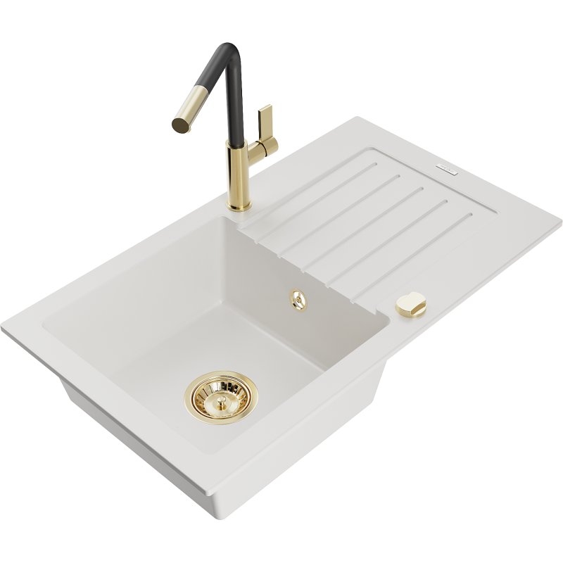 Mexen Pablo zlewozmywak granitowy 1-komorowy z ociekaczem i baterią kuchenną Flora, biały