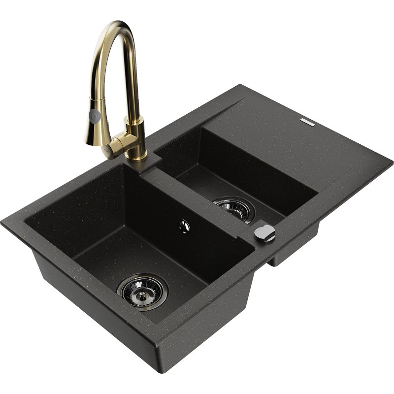 Mexen Gaspar zlewozmywak granitowy 1,5-komorowy z ociekaczem i baterią kuchenną Elia, czarny/złoty metalik