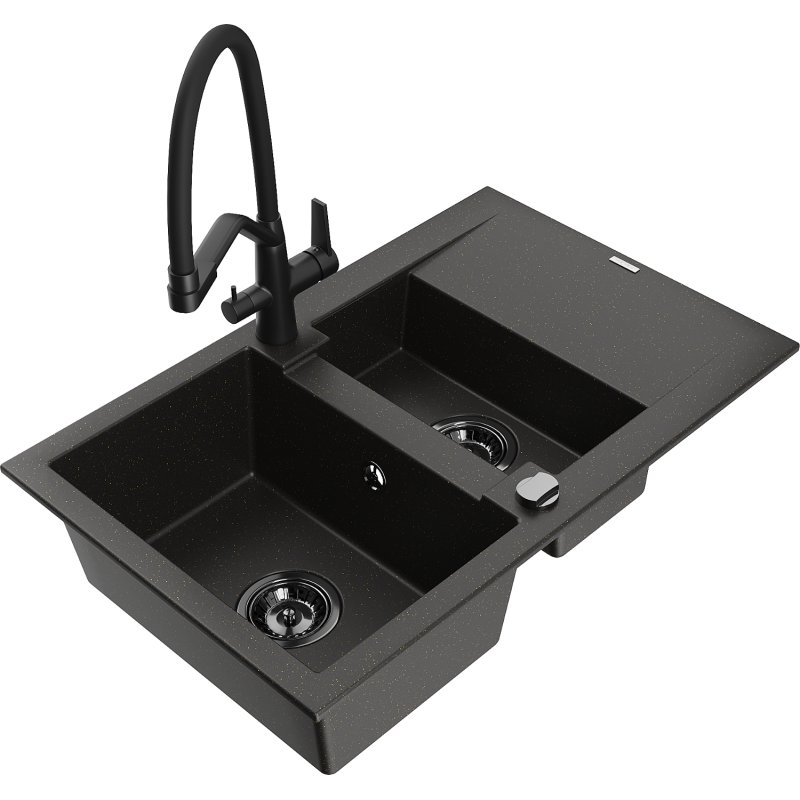 Mexen Gaspar zlewozmywak granitowy 1,5-komorowy z ociekaczem i baterią kuchenną Duo, czarny/złoty metalik