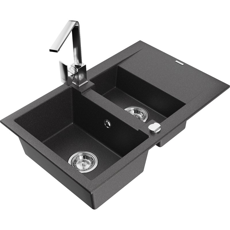 Mexen Gaspar zlewozmywak granitowy 1,5-komorowy z ociekaczem i baterią kuchenną Rita, czarny nakrapiany