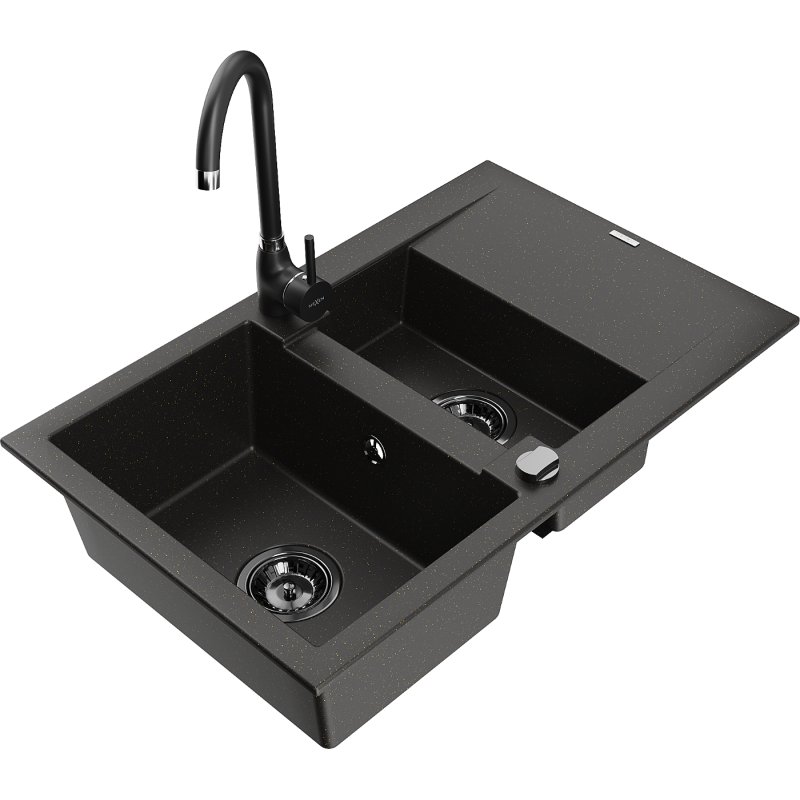 Mexen Gaspar zlewozmywak granitowy 1,5-komorowy z ociekaczem i baterią kuchenną Telma, czarny/złoty