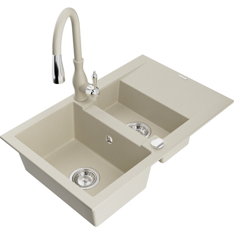 Mexen Gaspar zlewozmywak granitowy 1,5-komorowy z ociekaczem i baterią kuchenną Savita, beżowy