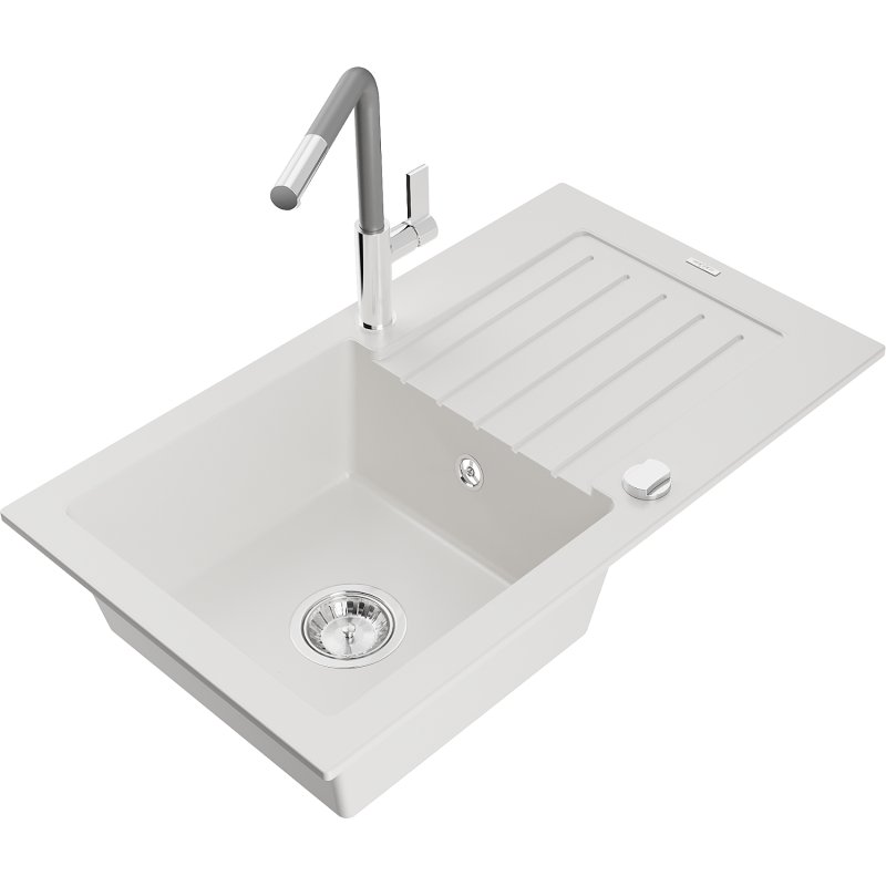 Mexen Pablo zlewozmywak granitowy 1-komorowy z ociekaczem i baterią kuchenną Flora, biały